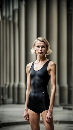 beautiful anorexic woman, total shot, short shiny black triathlon swimsuit, short blond wavy bob hair, blurred concrete background