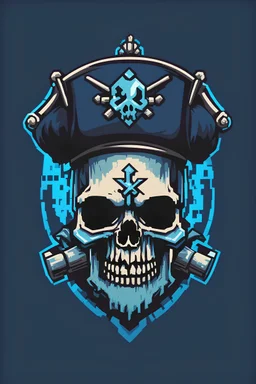 An 8-bit style logo of a skull wearing a pirate hat with Trident ans a blue glow.