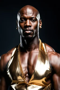 Portrait of a handsome dark skinned and muscular heavy set african man with a bald head and neatly trimmed beard wearing a gold earing and a leather waistcoat and no shirt