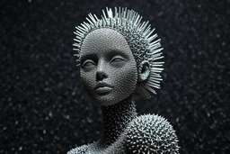 A female humanoid sculpture, intricate and detailed, crafted from thousands of tiny steel spikes, each element expertly fashioned with razor-sharp precision, standing confidently. The figure's delicate features are beautifully replicated, showcasing the elegant curves of its form and the precise angles of its face, creating a dazzling interplay of light and shadow that draws the eye. Background is completely covered by steel spikes