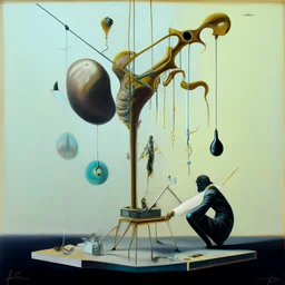 Abstract painting formed by a mix of human flesh-like surgical instruments and universe-like neuralink,strange musical instruments,minimalism,Painting By Adrian Ghenie, Rene Magritte, Salvador Dali, Lucian Freud