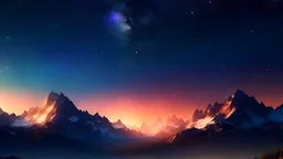 8k landscape realistic, Background: A mountain range, bathed in the cold glow of distant stars and constellations. The landscape is desolate and dark with the beginning of sunrise, with jagged mountain peaks rising from the frozen ground. The sky is filled with numerous nebulas and constellations, adding an air of mystery and intrigue with a small winter cabin nestled in the valley of the mountains as the peaks tower over it. There is gentle snowfall.