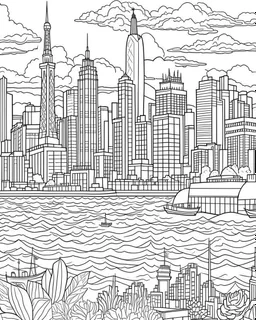 New York City view in the sea coloring page, full body (((((white background))))), only use an outline., real style, line art, white color, clean line art, white background, Sketch style.