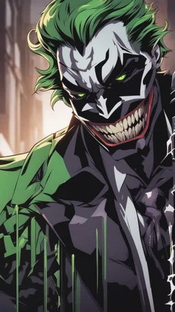 A very close picture to Mix between the joker and venom symbiote in solo leveling shadow art style with neon green details