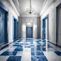 luxury hall ,tiled blue and gray large floor,