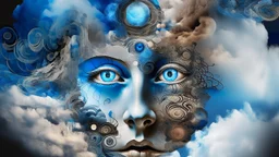 his is a digitally created collage artwork featuring surreal and abstract elements. The central figure is a large, detailed face with exaggerated features, including wide, glowing blue eyes and a small, dark mouth. The face is surrounded by swirling, cloud-like shapes in varying shades of blue, which dominate the upper part of the image. Below the face, a small figure of a person, dressed in a white jumpsuit with a purple cape, is depicted in the center. The figure is holding up a pair of blue l