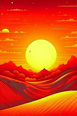 atardecer paisaje naranja sol dibujado con el mismo estilo que en la noche estrellada