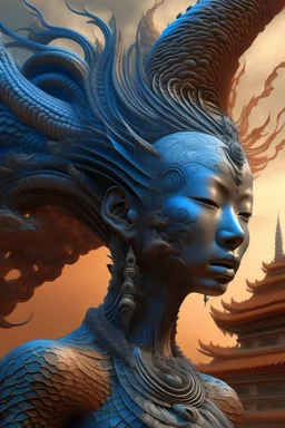 Hyper realistic surreal, fantastical scene featuring a towering, mystical balinese woman figure with an imposing yet intriguing presence. Create a surreal artwork using Mandelbulb 3D, featuring an intricate, otherworldly landscape fiThis entity should have white, blueish-black skin, glowing orange eyes, and a menacing expression, complete with sharp teeth and an elongated tongue. Adorn the figure with ornate, golden jewelry and an elaborate headdress. Its torso should be open slice , revealing a