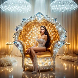 very beautiful fashion lady sitting on a luxury chair made of big diamonds wearing nice bride, lights reflecting on diamond and her jewels