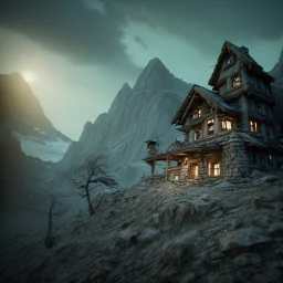 Scary mountain hut, sense of fear, Alps, night sky, 8k, HD, cinematography, photorealistic, Cinematic, Color Grading, Ultra-Wide Angle, Depth of Field, hyper-detailed, beautifully color-coded, insane details, intricate details, beautifully color graded, Cinematic, Color Grading, Editorial Photography, Depth of Field, DOF, Tilt Blur, White Balance, 32k, Super-Resolution, Megapixel, ProPhoto RGB, VR, Halfrear Lighting, Backlight, Natural Lighting, Incandes