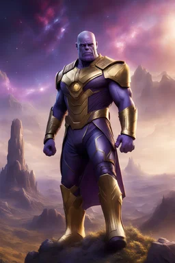 Thanos, the commander of the army of aliens and the king of the entire galaxy, is ready to go on a campaign with his two large swords, his very beautiful and impenetrable armor with his golden helmet, standing on top of a hill with his sword with infinity gauntlet