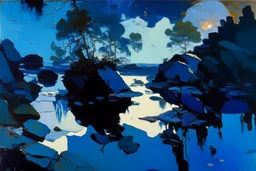 blue exoplanetin the sky, water reflection, rocks, vegetation, otto pippel and konstantin korovin painting