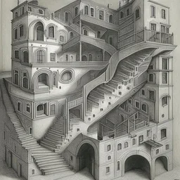 A building with stairs upside down and in several spacial dimensions and directions by artist "Escher" and "Piranesi"