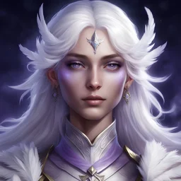 Generate a dungeons and dragons character portrait of the face of a beautiful female cleric of peace aasimar blessed by the goddess Selune. She has white hair and is surrounded by moonlight. She has pale purple eyes. She has some white feathers in her hair.