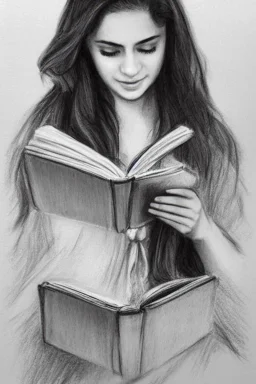 Pencil sketch of Young woman, Arab features,sad, long wavy hair, reading a book, full body، on lined paper