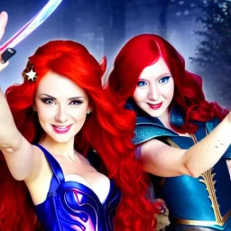 Three characters taking a selfie, red hair, magical fantasy, spellcasting, armor, photorealistic