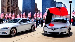 A Tesla's 'Model S Plaid' is racing at top speed, on the Navy Pier, in Chicago. CINEMATIC. WIDE ANGLE LENS. PHOTO REAL.