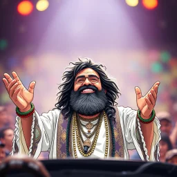 airbrush with pen outline, cartoon, anime, saddam husssain as cult leader hippie on stage raised hands having fun in a festival in the 60s, goa psy ambient in the style of vangelis and fsol, source vibrations, bokeh like f/0.8, tilt-shift lens 8k, high detail, smooth render, down-light, unreal engine, prize winning