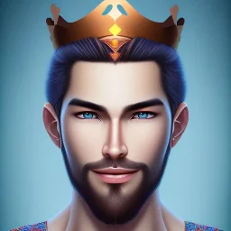 magnifique bel homme asiatique souriant ,yeux bleus,avec vetement et couronne celtique,cheveux clairs, fond bleu clair