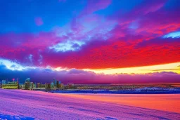 Brilliant sunset at a snow covered icy Waikiki Beach iand the city of Honolulu Hawaii covered in winter snow and ice at sunset, alcohol inks, dazzling wet bright colors, winter wonderland