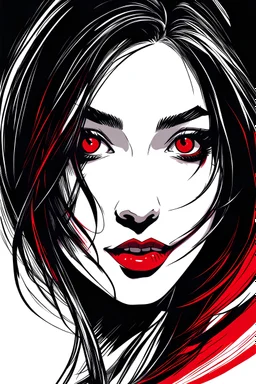 Scratchy pen strokes, blind contour, fisheye perspective closeup, beautiful girl vampire face in darkness, stark hatch shaded sketchy scribbly, ink, strong angular shapes, woodcut shading, pen strokes, cute smile, sexy eyes, minimalist realistic, anime proportions, distorted perspective, some red colors