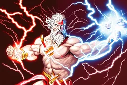 A detailed illustration of Zeus holding two lightnings in front of himself. Portret. He is moving the lightnings to gether to form a Z. One lightning is red and the other one is white. He is moving them together and there are flashes of lightning exploding from his powerfull move. The lightning is in the shape of half the letter Z. The red half is the top half, the white half is the bottom half.