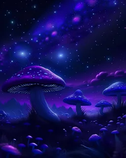 Красивый необычный мир с фиолетовыми грибами. Фиолетовое небо с изумурудными звездами.