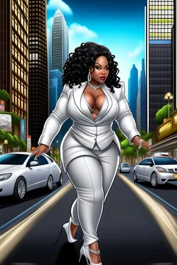 Create a digital airbrush cartoon of a plus size African American female wearing a white business suit with white heels. Prominent make up with hazel eyes. Highly detailed very long extremely curly black hair. She is wearing silver and diamond Jewely that shines of the lights. Her skin is smooth and silky. Background of a busy city street