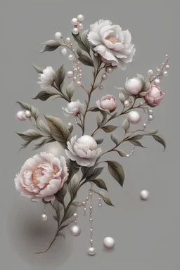 a branch with flowers pionies and pearls, white precious stones on a white background, Trending on Artstation, {creative commons}, fanart, AIart, {Woolitize}, by Charlie Bowater, Illustration, Color Grading, Filmic, Nikon D750, Brenizer Method, Side-View, Perspective, Depth of Field, Field of View, F/2.8, Lens Flare, Tonal Colors, 8K, Full-HD, ProPhoto RGB, Perfectionism, Rim Lighting, Natural Lighting, Soft Lighting, Accent Lighting, Diffraction Grading, With Imperfections,