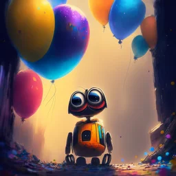 Wall-E, digital art, anime, 4k, full details, high resolution, colorful, alone, balloons, cinematic