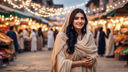 Hyper Realistic Beautiful Happy Pashto Woman with Beautiful-Kajal-Eyes & Long-Black Hair wearing Beige-Dress-&-White-Shawl in a market with garland-lights-&-some-shops with traditional environment at cloudy sunset showing dramatic & cinematic ambiance.