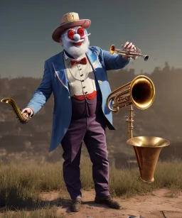 mechanoid old friendly fat clown with trimmed beard playing jazz with a steampunk theme, trumpet, realistic