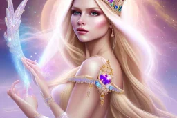 beautiful, very soft, smiling, very straight and long blonde hair, dewy and shiny vibe, diamond crown, long fairy wings in the back, soft and young full head, golden veil clothes, smiling, bachground lights pink and blue