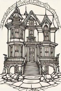 outline art for The haunted house can be various shades of dark gray or black, with the windows colored in shades of yellow or blue to represent a flickering candlelight inside, white background, sketch style, full body, only use outline, mandala style, clean line art, white background, no shadows and clear and well outlined