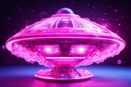 a cosmic pink beautiful SPACESHIP made of crystals and gems standing in the light of a galaxy
