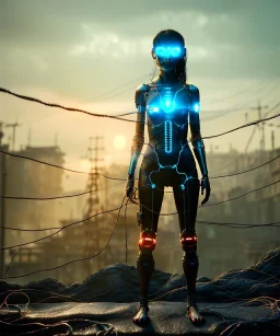 Ultra realistic photographic night portrait, cinematic, naked, long hair <sexy woman> <hanging wires> many wires coming out of the head <perfect pupil> <cyborg> <garage> <wide angle Shot> <sci-fi futuristic> <thriller>, fog, soft color, highly detailed, unreal engine 5, ray tracing, RTX, lumen lighting, ultra detail, volumetric lighting, high definition.