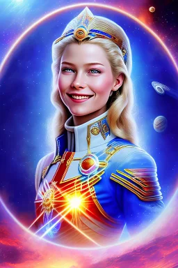 cosmic woman smile, admiral from the future, one fine whole face, crystalline skin, expressive blue eyes,rainbow, smiling lips, very nice smile, costume pleiadian, Beautiful tall woman pleiadian Galactic commander, ship, perfect datailed golden galactic suit, high rank, long blond hair, hand whit five perfect detailed finger, amazing big blue eyes, smilling mouth, high drfinition lips, cosmic happiness, bright colors, blue, pink, gold, jewels, realist, high commander