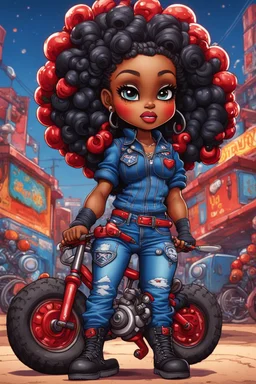 create a psychedelic style art illustration of the chibi cartoon character, a voluptuous black female in a blue jean outfit with biker boots. Her prominent makeup and hazel eyes, along with her detailed red bantu knots, are featured in this image, set against the background of a lively bike show.