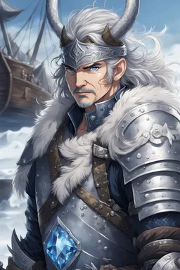 in anime style,1older man, a older man with blue eyes and black hair man in silver Viking armor with fur around the neck with blue crystal on his chest holding an axe in his hands standing on a pirate ship in the artic, warrior in anime style,