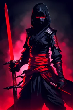 evils female indonesia ninja with red light eyes and dark shadow has a Dark Sword (hidden shadow monster)