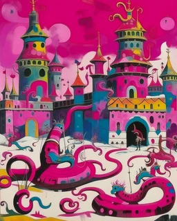 A magenta snowy castle with snake statues painted by Wassily Kandinsky