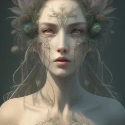 Portrait of beautiful girl, plant, metal, feathers, Dryad, fae, sidhe, ominous, nature, plants, wildflower, facepaint, dnd character portrait, intricate, oil on canvas, masterpiece, expert, insanely detailed, 4k resolution, retroanime style, cute big circular reflective eyes, cinematic smooth, intricate detail , soft smooth lighting, soft pastel colors, painted Renaissance style,bokeh,macro lens, 800mm lens