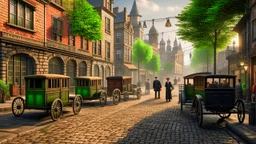 industrial steampunk street with cobbled pavement, steam cars, people, trees