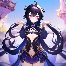 Clear focus,High resolution, Black long fluffy hair, and purple eyes, wearing a Genshin Impact Inspired Outfit,Detailed Clothes,A little bit revealing, must wear a short skirt,hands up, crying