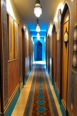 A narrow corridor, the width of the corridor is one meter and the length is 10 meters, in the Andalusian style, filled with electronic items and hacker offices. There are windows in the shape of Arabic