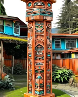 A light rosy orange colored mechanized fortress designed in pacific Northwest totem poles painted by Zosan