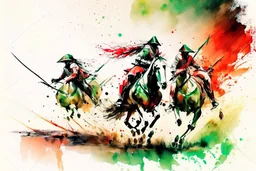 Hun Arrow Crossers riding fast on horseback, scorched earth, thunderstorm, red, white, green, dinamic, watercolor splash