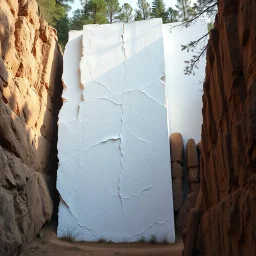 Foto raffinata di una struttura alta e imponente, simile a un muro bianco monolitico, posizionata in un paesaggio boscoso, accanto a strutture artificiali verticali di pietre di fango secco. La superficie del muro è caratterizzata da un'apparente fragilità, con fratture irregolari e bordi sbriciolati, come se fosse stato eroso o spezzato. A sinistra e a destra del muro si intravedono pareti rocciose naturali, che contrastano per colore e texture con la superficie artificiale