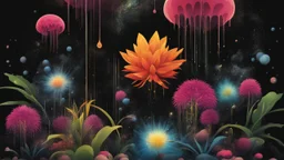 Exotic flora and fauna dripping black liquid in a Multiverse background