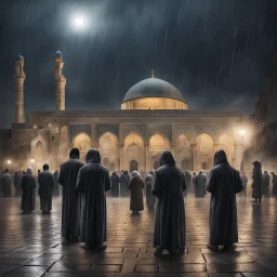 Hyper Realistic people praying outside Al-Aqsa mosque at dark rainy night